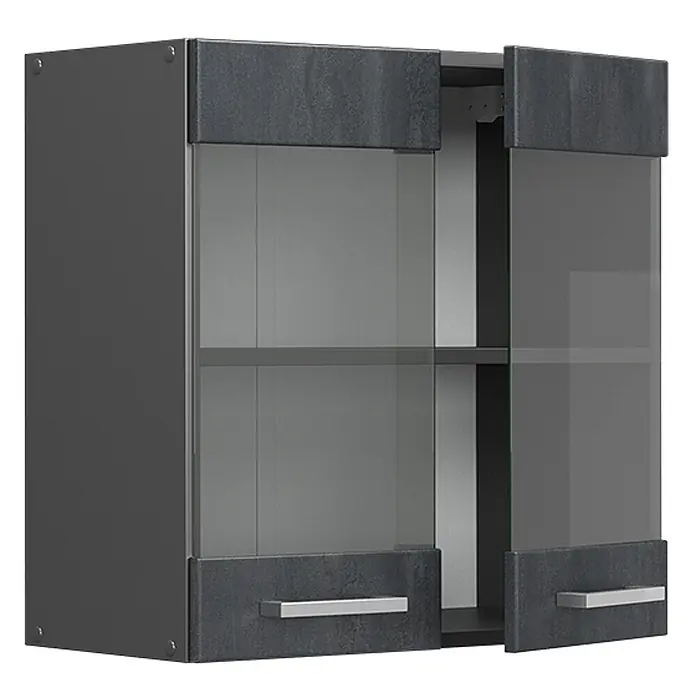 Vicco Schrankküche R-Line Schwarz Beton - Schwarz Beton, Hängeglasschrank 60 cm - Dunkelgrauer Hängeschrank mit Glastüren, eine offen, zeigt Innenregal und silberne Griffe.