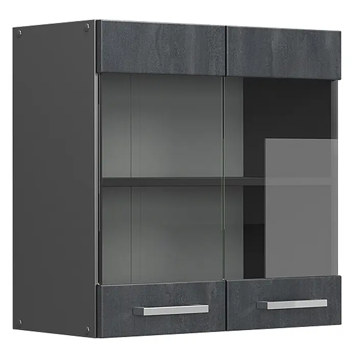 Vicco Schrankküche R-Line Schwarz Beton - Schwarz Beton, Hängeglasschrank 60 cm - Dunkelgrauer strukturierter Hängeschrank mit zwei Glastüren, Einlegeboden und zwei unteren Schubladen mit silbernen Griffen.