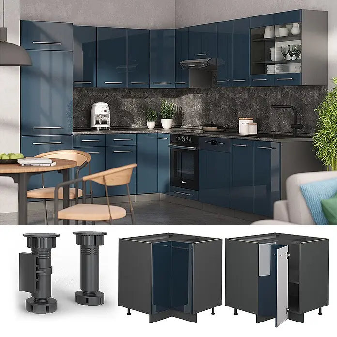 Vicco Schrankküche Fame-Line Dunkelblau Hochglanz ohne Arbeitsplatte - Dunkelblau Hochglanz, Eckunterschrank - L-förmige Küche mit glänzenden blauen Schränken, verstellbaren Füßen und einem grauen Eckunterschrank mit blauen Türen.