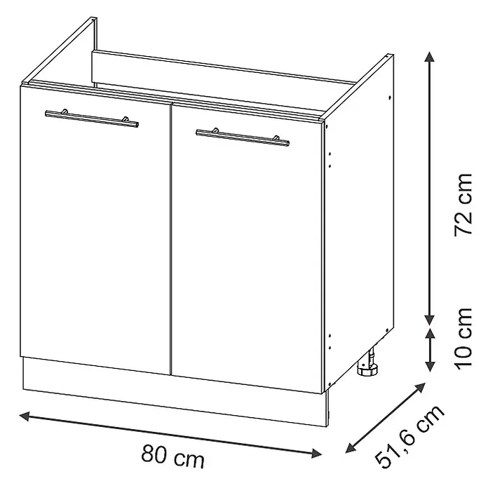 Vicco Schrankküche Fame-Line Dunkelblau Hochglanz ohne Arbeitsplatte - Breite: 80 cm, Dunkelblau Hochglanz, Spülenunterschrank 80 cm - Weißer Küchenunterschrank mit zwei Türen und Griffen, zeigt Maße und Sockelhöhe.