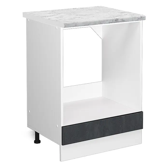 Vicco Schrankküche R-Line Schwarz Beton AP Marmor - Schwarz Beton, Herdumbauschrank 60 cm, AP Marmor - Weißer Küchenunterschrank mit Marmor-Arbeitsplatte, offenem Fach und dunkelgrauer Sockelblende.