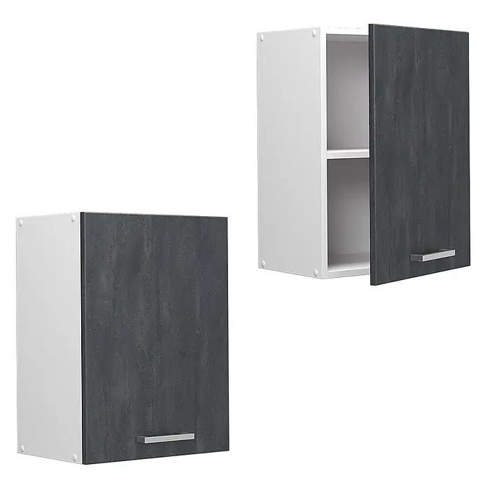 Vicco Schrankküche R-Line Schwarz Beton - Schwarz Beton, Hängeschrank 45 cm - Zwei weiße Wandschränke mit dunkelgrauen Fronten und silbernen Griffen; einer geschlossen, der andere offen mit zwei Regalböden.