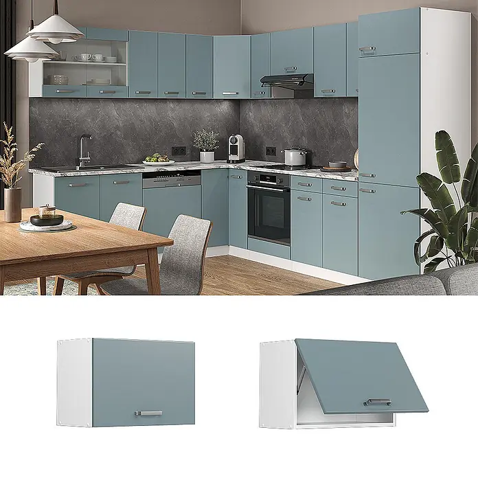 Vicco Schrankküche R-Line Blau-Grau Flach - Blau-Grau, Hängeschrank 60 cm (flach) - Moderne Küche mit hellblau-türkisen Schränken, weißen Elementen, dunkler Arbeitsplatte und integrierten Geräten.