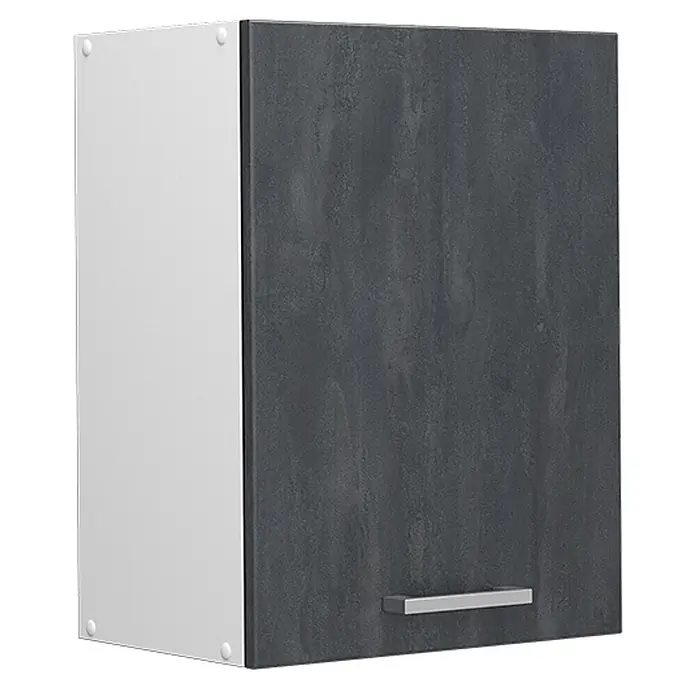 Vicco Schrankküche R-Line Schwarz Beton - Schwarz Beton, Hängeschrank 45 cm - Dunkelgrauer strukturierter Hängeschrank mit weißen Seiten und silbernem Griff.