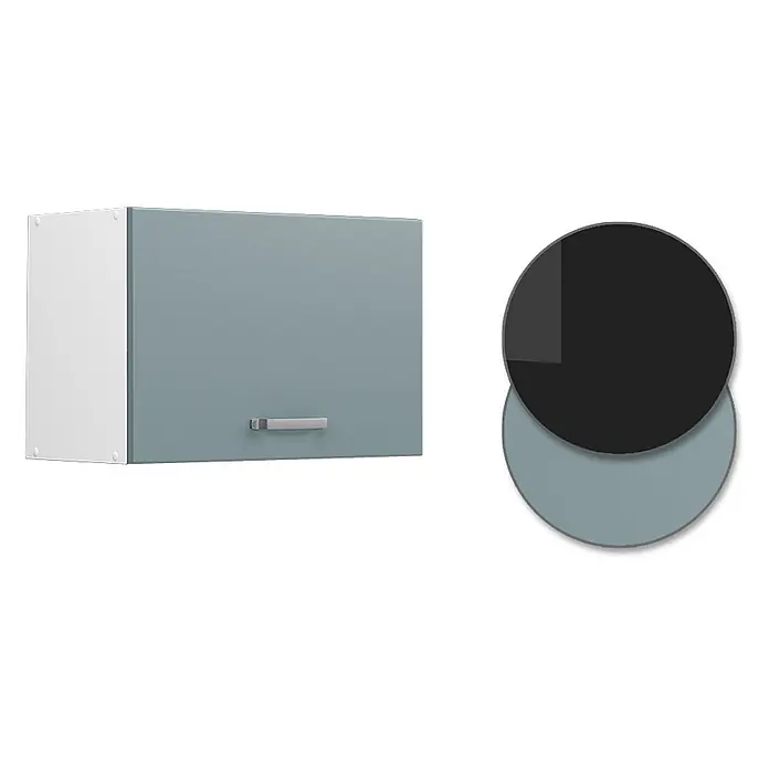 Vicco Schrankküche R-Line Blau-Grau Flach - Blau-Grau, Hängeschrank 60 cm (flach) - Hellblau-grauer Wandschrank mit weißer Seitenwand und silbernem Griff.