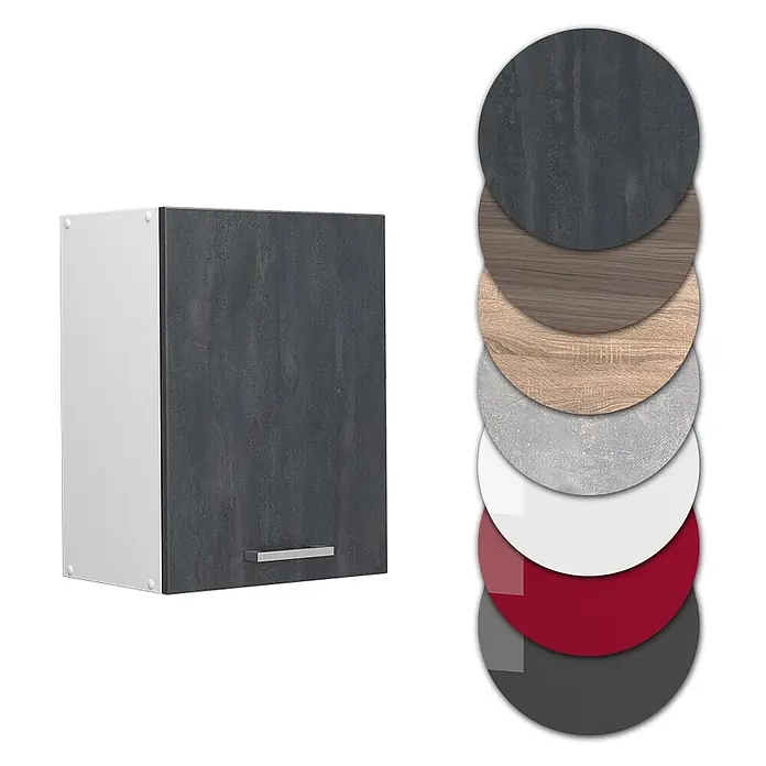 Vicco Schrankküche R-Line Schwarz Beton - Schwarz Beton, Hängeschrank 45 cm - Dunkelgrauer Küchenoberschrank mit weißem Korpus und silbernem Griff, gezeigt mit verschiedenen Oberflächenoptionen wie Holz, Beton und Unifarben.