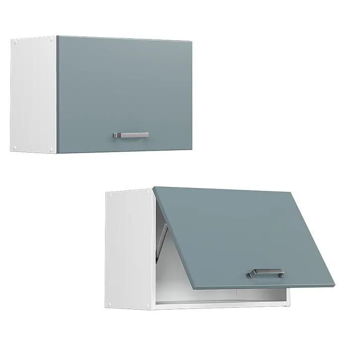 Vicco Schrankküche R-Line Blau-Grau Flach - Blau-Grau, Hängeschrank 60 cm (flach) - Weißer Hängeschrank mit blau-grauer Klapptür, geschlossen und geöffnet, zeigt den Hebemechanismus.