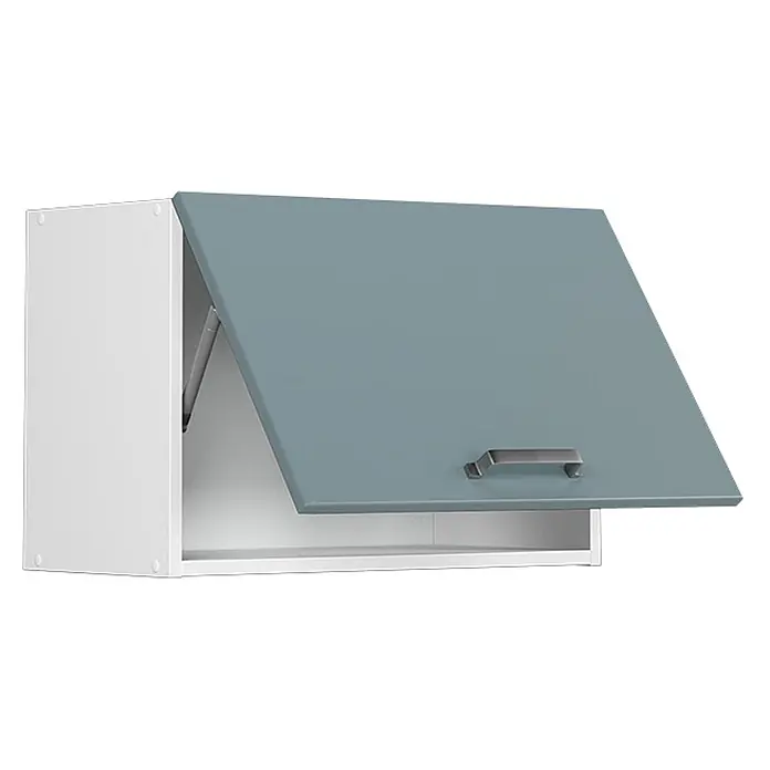 Vicco Schrankküche R-Line Blau-Grau Flach - Blau-Grau, Hängeschrank 60 cm (flach) - Weißer Wandschrank mit blaugrauer Klapptür, offen gehalten von einer silbernen Gasdruckfeder, zeigt den Innenraum.
