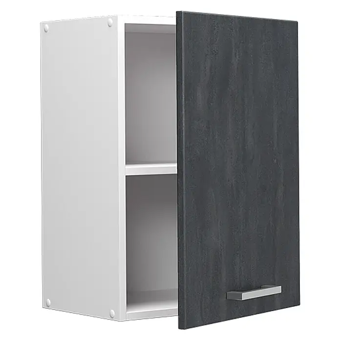 Vicco Schrankküche R-Line Schwarz Beton - Schwarz Beton, Hängeschrank 45 cm - Weißer Wandschrank mit dunkelgrauer Betoneffekt-Tür und silbernem Griff, leicht geöffnet.