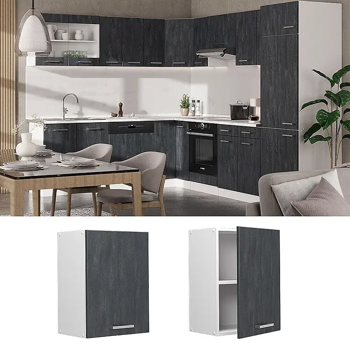 Vicco Schrankküche R-Line Schwarz Beton - Schwarz Beton, Hängeschrank 45 cm - Dunkle Holzoptik und weißes Eckküchensystem, in modernem Zuhause präsentiert.