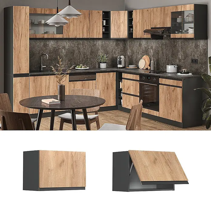 Vicco Hängeschrank R-Line, Goldkraft Eiche, 60 cm -  - Moderne Küche mit holzfurnierten Fronten und dunkelgrauen Rahmen, integrierten Geräten. Zeigt auch einen geschlossenen und offenen Wandschrank.