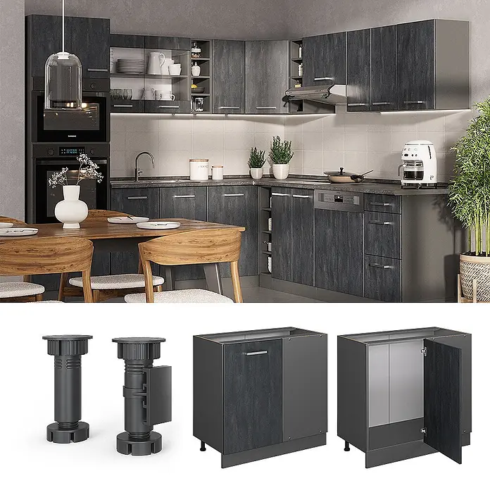 Vicco Schrankküche R-Line Schwarz Beton AP Anthrazit - Schwarz Beton, Eckunterschrank 86 cm, AP Anthrazit - Dunkelgraue modulare Küchenschränke mit Holzstruktur in moderner Küche. Ansichten von Unterschränken und verstellbaren Füßen.