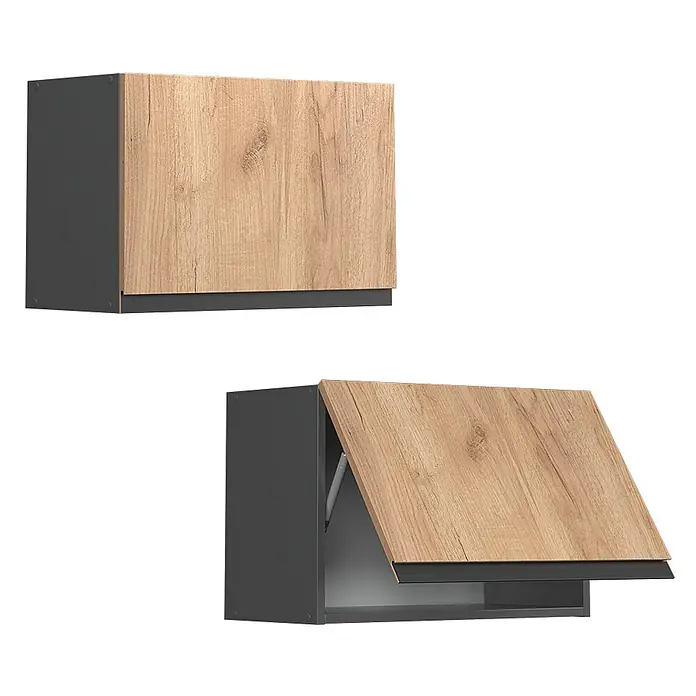 Vicco Hängeschrank R-Line, Goldkraft Eiche, 60 cm -  - Zwei Hängeschränke mit dunkelgrauem Korpus und hellen Holzfronten, einer geschlossen, einer geöffnet mit Soft-Close-Mechanismus.