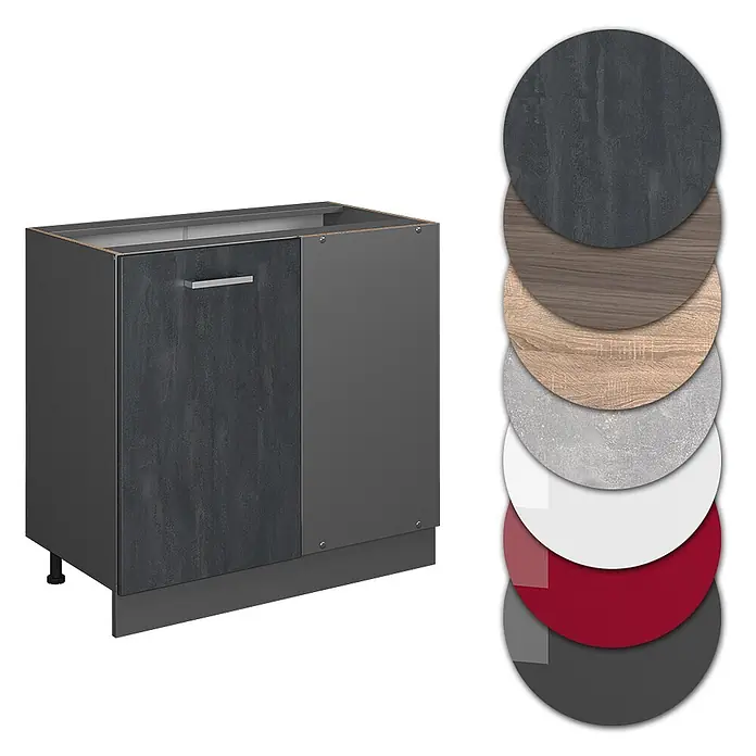 Vicco Schrankküche R-Line Schwarz Beton AP Anthrazit - Schwarz Beton, Eckunterschrank 86 cm, AP Anthrazit - Küchenunterschrank mit zwei Türen, eine strukturiert dunkelgrau, eine uni. Inklusive verschiedener Materialmuster.