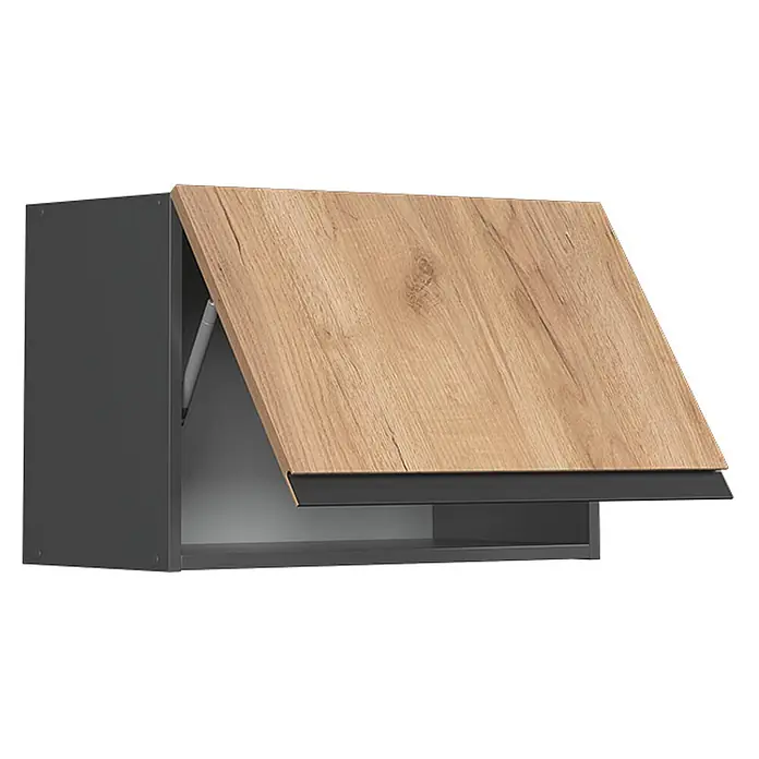 Vicco Hängeschrank R-Line, Goldkraft Eiche, 60 cm -  - Dunkelgrauer Hängeschrank mit heller Holzstruktur-Klapptür, geöffnet, zeigt Innenfach und Mechanismus.