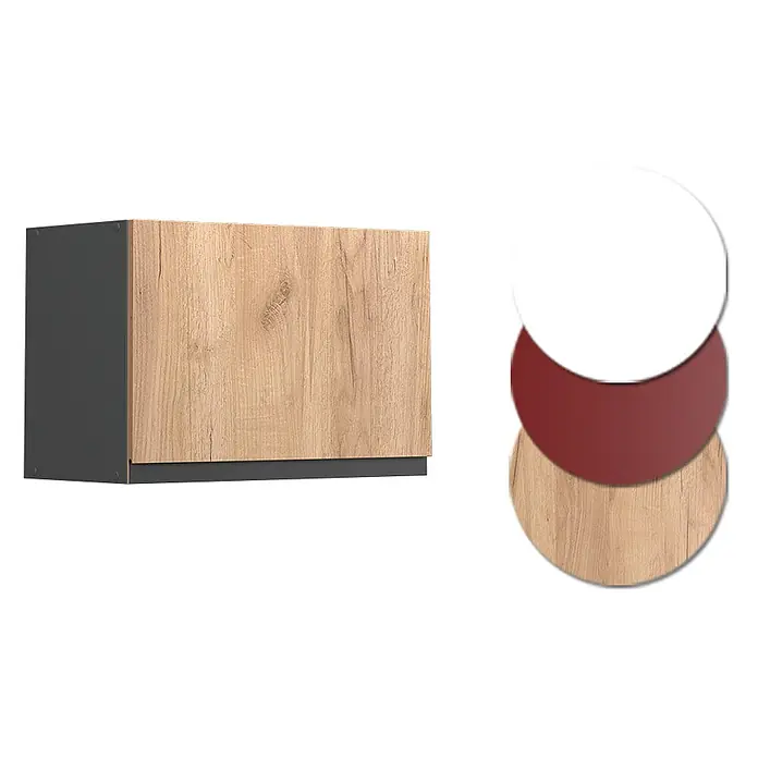 Vicco Hängeschrank R-Line, Goldkraft Eiche, 60 cm -  - Schrank mit heller Holztür, dunkelgrauen Seiten; weiße, rote und Holz-Oberflächenmuster.