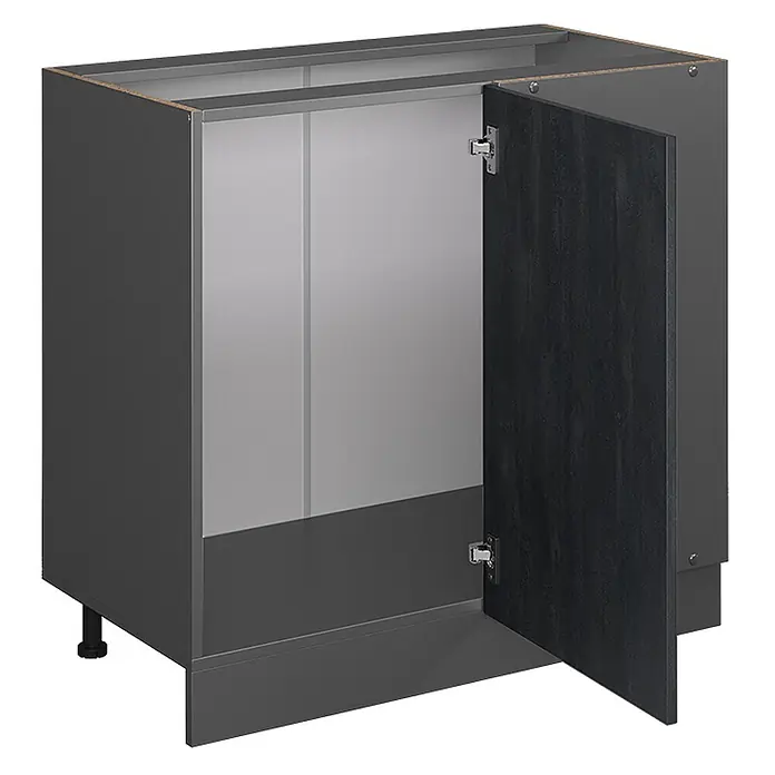 Vicco Schrankküche R-Line Schwarz Beton AP Anthrazit - Schwarz Beton, Eckunterschrank 86 cm, AP Anthrazit - Dunkelgrauer Küchenunterschrank mit offener, strukturierter dunkelgrauer Tür und verstellbaren Füßen.