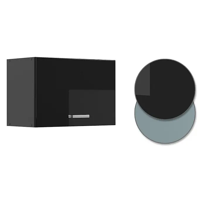 Vicco Schrankküche R-Line Schwarz Hochglanz Flach - Schwarz Hochglanz, Hängeschrank 60 cm (flach) - Schwarzer Hochglanz-Wandschrank mit schlankem silbernen Griff.