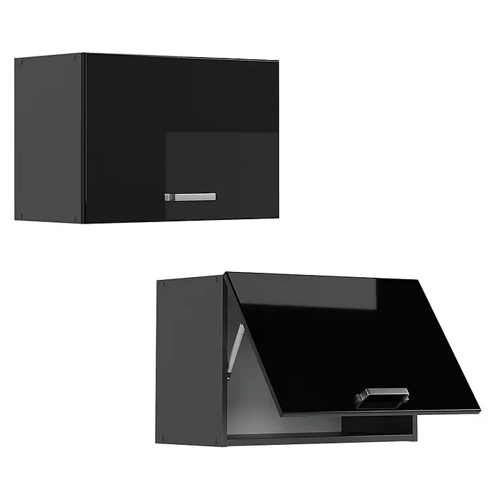 Vicco Schrankküche R-Line Schwarz Hochglanz Flach - Schwarz Hochglanz, Hängeschrank 60 cm (flach) - Schwarzer, glänzender Hängeschrank mit silbernem Griff, geschlossen und geöffnet dargestellt.