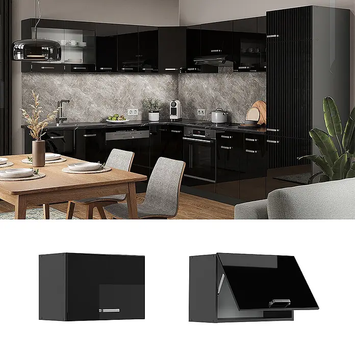 Vicco Schrankküche R-Line Schwarz Hochglanz Flach - Schwarz Hochglanz, Hängeschrank 60 cm (flach) - Moderne schwarze Hochglanzküche mit Unterschränken, Hängeschränken, integrierten Geräten und Marmor-Rückwand. Essbereich im Vordergrund.
