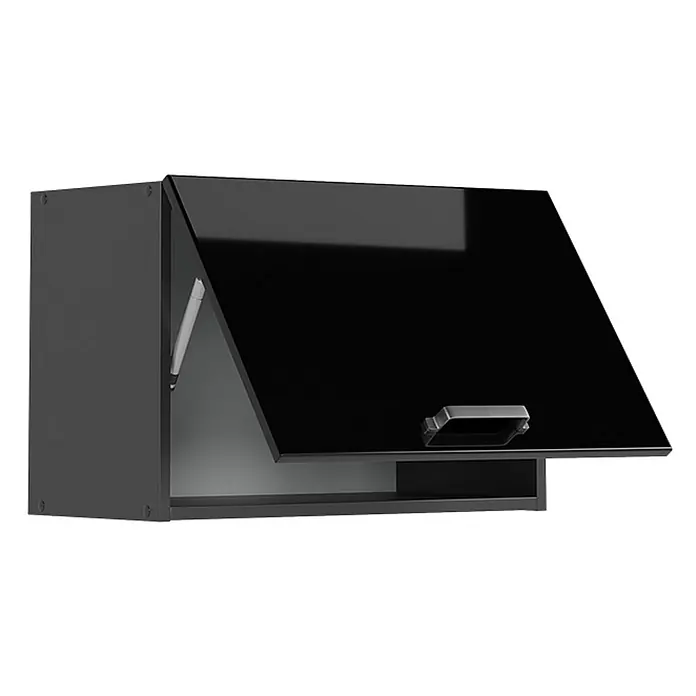Vicco Schrankküche R-Line Schwarz Hochglanz Flach - Schwarz Hochglanz, Hängeschrank 60 cm (flach) - Schwarzer Wandschrank mit glänzender schwarzer Klapptür, silbernem Griff und Gasdruckfeder.