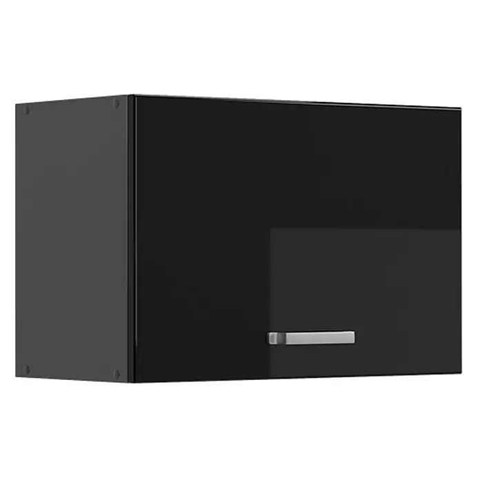 Vicco Schrankküche R-Line Schwarz Hochglanz Flach - Schwarz Hochglanz, Hängeschrank 60 cm (flach) - Schwarzer Hängeschrank mit glänzender Tür und matter Seite, mit horizontalem silbernem Griff.