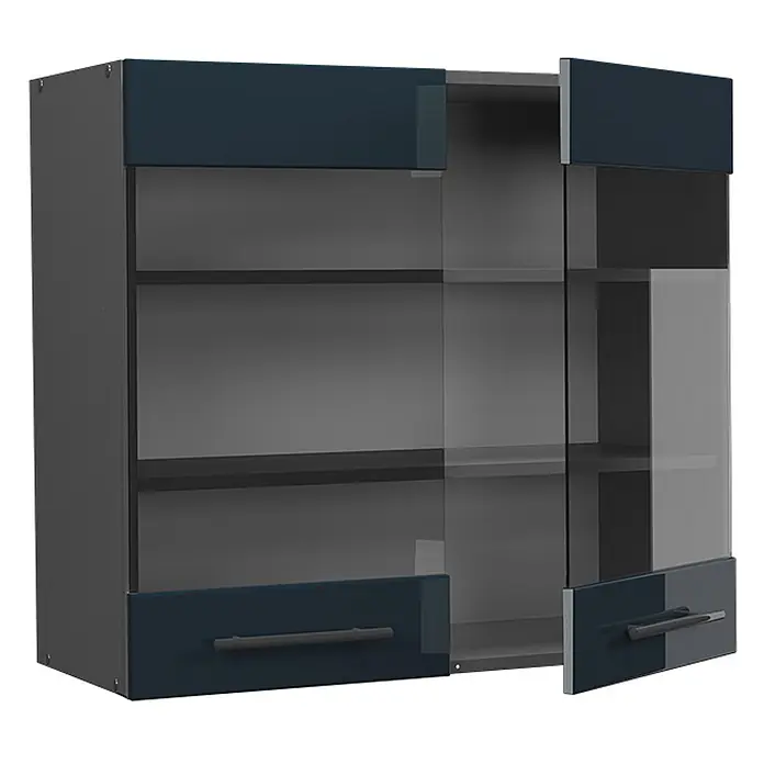 Vicco Schrankküche Fame-Line Dunkelblau Hochglanz - Dunkelblau Hochglanz, Hängeglasschrank 80 cm - Dunkelblauer und grauer Wandschrank mit zwei Glastüren, inneren Glasböden und unteren geschlossenen Fächern mit Griffen.