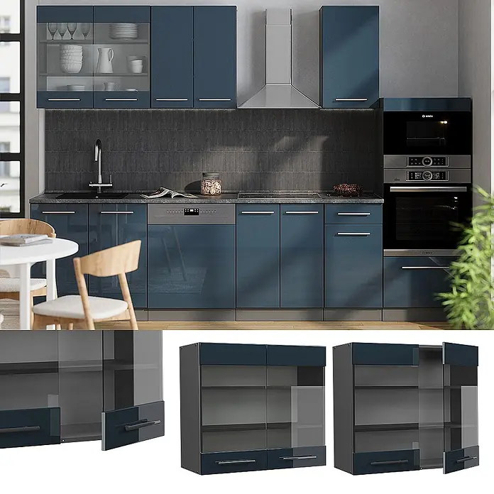 Vicco Schrankküche Fame-Line Dunkelblau Hochglanz - Dunkelblau Hochglanz, Hängeglasschrank 80 cm - Hochglanzblaue Küche mit integrierten Geräten und Vitrinenschränken.