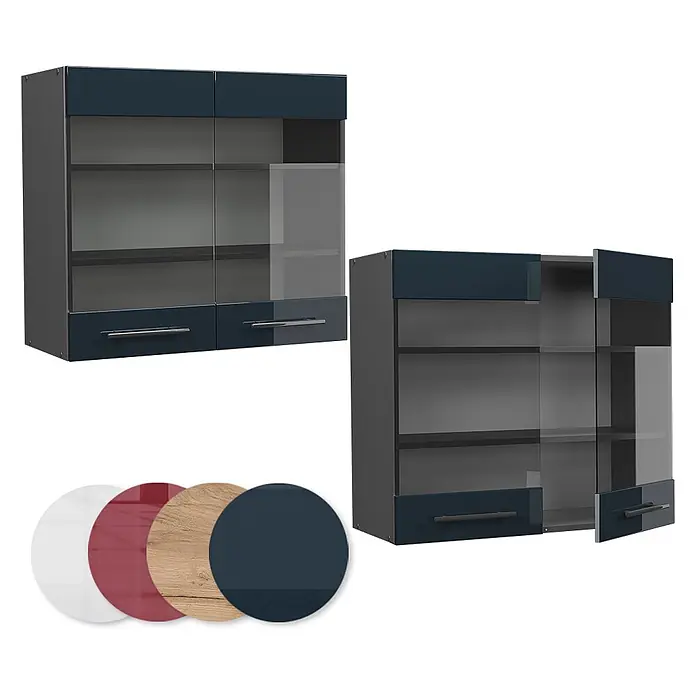 Vicco Schrankküche Fame-Line Dunkelblau Hochglanz - Dunkelblau Hochglanz, Hängeglasschrank 80 cm - Dunkelblauer Wandschrank mit Glastüren und zwei Schubladen, geschlossen und teils offen gezeigt. Farbmuster (weiß, rot, Holz, dunkelblau) sind abgebildet.