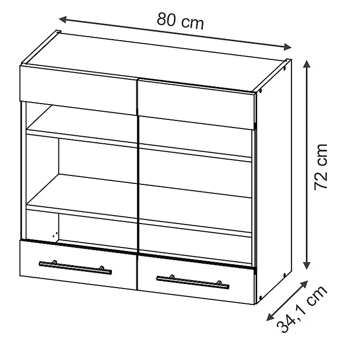 Vicco Schrankküche Fame-Line Dunkelblau Hochglanz - Dunkelblau Hochglanz, Hängeglasschrank 80 cm - Ein Schrank, 80x72x34,1 cm groß, mit zwei offenen Fächern und zwei unteren Schubladen.
