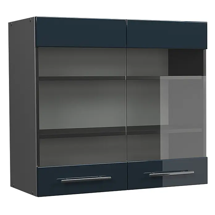 Vicco Schrankküche Fame-Line Dunkelblau Hochglanz - Dunkelblau Hochglanz, Hängeglasschrank 80 cm - Dunkelblauer und grauer Wandschrank mit zwei Glastüren, Einlegeböden und zwei unteren Schubladen mit Metallgriffen.