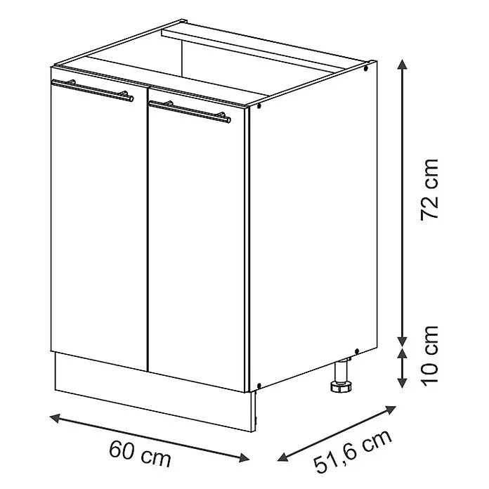 Vicco Schrankküche Fame-Line Dunkelblau Hochglanz ohne Arbeitsplatte - Dunkelblau Hochglanz, Unterschrank 60 cm - Küchenunterschrank, 60 cm breit, 51,6 cm tief, 72 cm hoch, mit 10 cm verstellbaren Füßen. Er hat zwei Türen und Griffe.