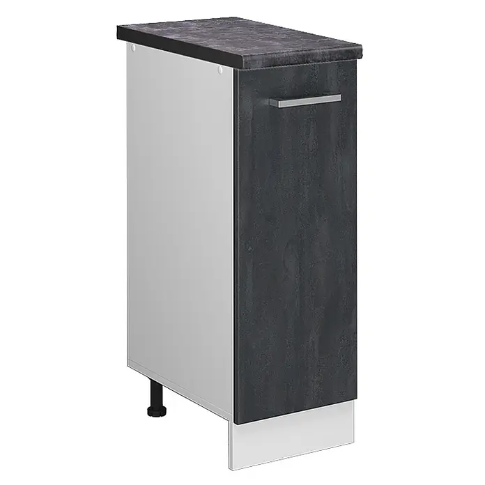 Vicco Schrankküche R-Line Schwarz Beton AP Anthrazit - Schwarz Beton, Apothekerunterschrank 30 cm, AP Anthrazit - Schmaler dunkelgrauer Unterschrank mit strukturierter Front, silbernem Griff und hellgrauer Seitenwand. Mit verstellbarem Fuß.
