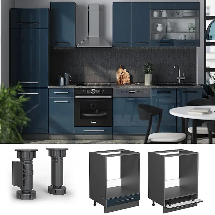 Vicco Schrankküche Fame-Line Dunkelblau Hochglanz, AP Eiche - Dunkelblau Hochglanz, Herdumbauschrank 60 cm, AP Eiche - Moderne Küche mit glänzenden blauen Schrankfronten, Backofen und Geschirrspüler. Komponenten: verstellbare Füße, graue Unterschränke mit blauen Elementen.