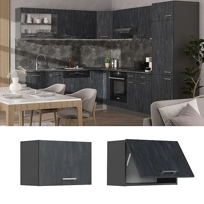 Vicco Schrankküche R-Line Schwarz Beton Flach - Schwarz Beton, Hängeschrank 60 cm (flach) - Moderne L-förmige Küche mit dunkelgrauen, strukturierten Schränken, integrierten Geräten und Esstisch.