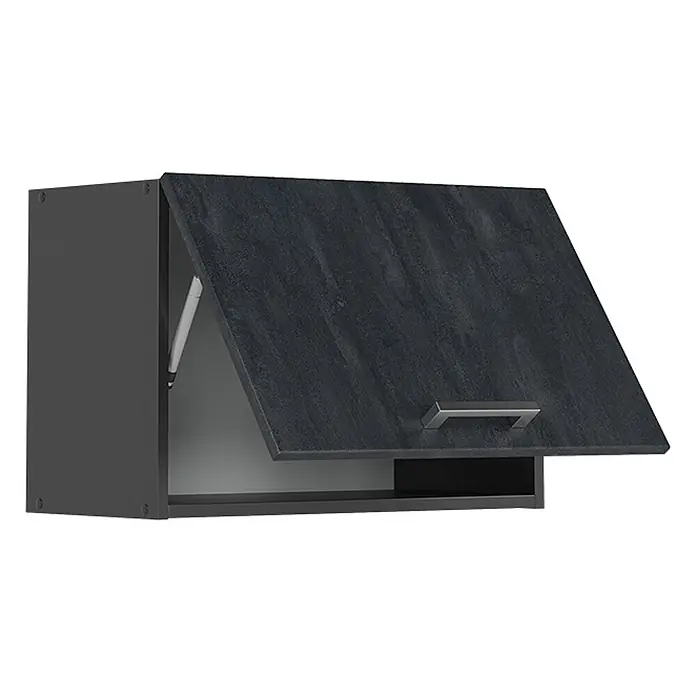 Vicco Schrankküche R-Line Schwarz Beton Flach - Schwarz Beton, Hängeschrank 60 cm (flach) - Dunkelgrauer Küchenwandschrank mit leicht geöffneter strukturierter Tür, die einen Liftmechanismus und einen Griff zeigt.