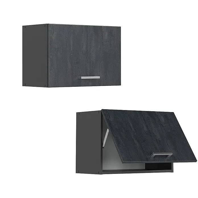 Vicco Schrankküche R-Line Schwarz Beton Flach - Schwarz Beton, Hängeschrank 60 cm (flach) - Dunkelgrauer, texturierter Hängeschrank mit Metallgriff, geschlossen und geöffnet mit Hubmechanismus dargestellt.