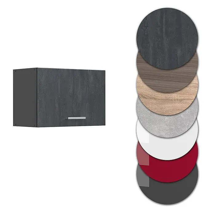 Vicco Schrankküche R-Line Schwarz Beton Flach - Schwarz Beton, Hängeschrank 60 cm (flach) - Dunkelgrauer strukturierter Hängeschrank mit Griff, zusammen mit Materialmustern für anpassbare Oberflächen.