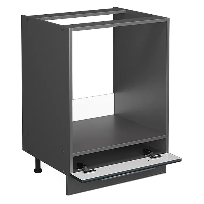 Vicco Schrankküche Fame-Line Dunkelblau Hochglanz, AP Eiche - Dunkelblau Hochglanz, Herdumbauschrank 60 cm, AP Eiche - Dunkelgrauer Unterschrank für Küchengeräte mit offenem Fach und teilweise geöffneter Klappe unten.