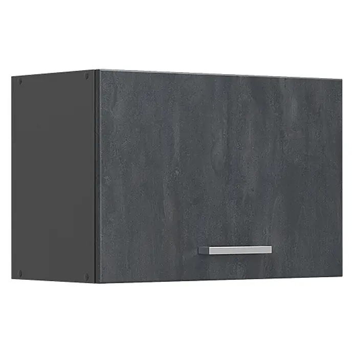 Vicco Schrankküche R-Line Schwarz Beton Flach - Schwarz Beton, Hängeschrank 60 cm (flach) - Dunkelgrauer Wandschrank mit texturierter Oberfläche und silbernem Griff.
