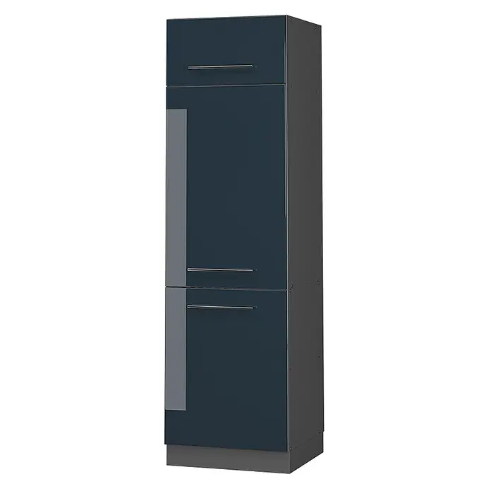 Vicco Schrankküche Fame-Line Dunkelblau Hochglanz - Dunkelblau Hochglanz, Kühlumbauschrank 60 cm - Dunkelblauer Hochglanz-Hochschrank mit silbernen Griffen und grauem Sockel.