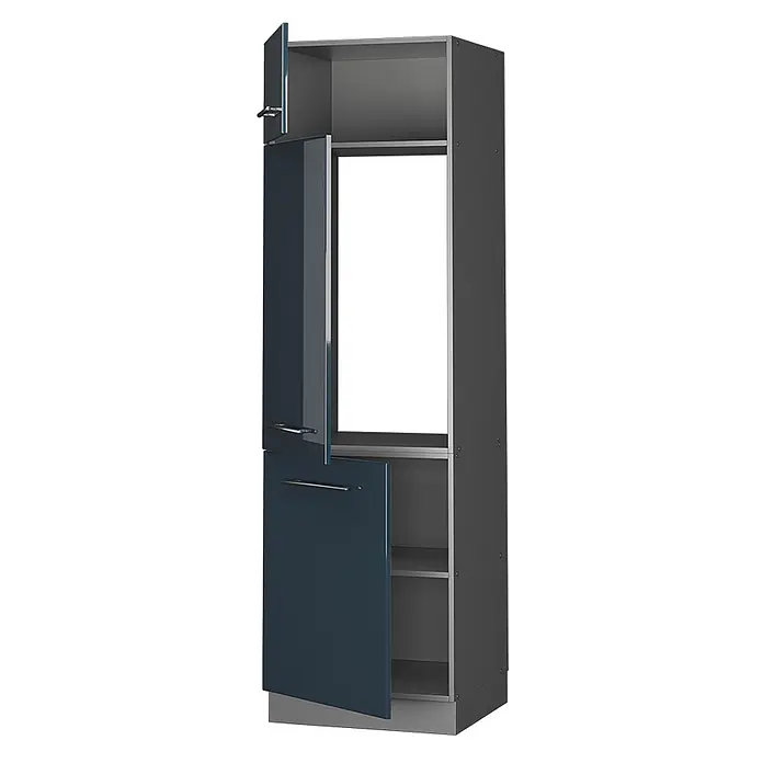 Vicco Schrankküche Fame-Line Dunkelblau Hochglanz - Dunkelblau Hochglanz, Kühlumbauschrank 60 cm - Hoher Küchenschrank mit glänzenden dunkelblauen Türen und grauem Korpus, mit offenem Geräteschacht und Stauraum.