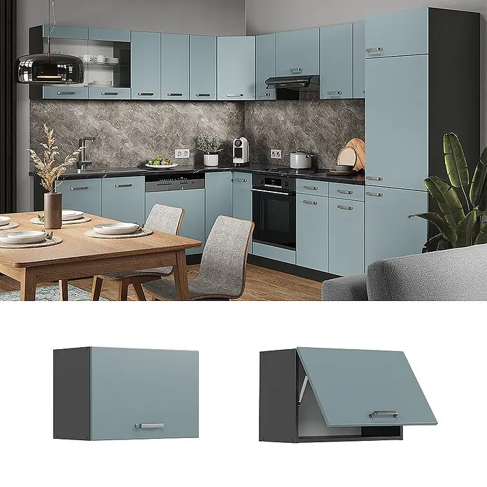 Vicco Schrankküche R-Line Blau-Grau Flach - Blau-Grau, Hängeschrank 60 cm (flach) - Hellblaue und dunkelgraue Küchenschränke mit hochklappbaren Oberschränken, in einer modernen L-förmigen Küche.