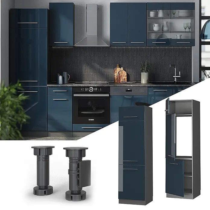 Vicco Schrankküche Fame-Line Dunkelblau Hochglanz - Dunkelblau Hochglanz, Kühlumbauschrank 60 cm - Dunkelblaue, hochglänzende moderne Küchenschränke mit verstellbaren Beinen und hohem Geräteschrank.