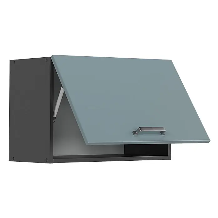 Vicco Schrankküche R-Line Blau-Grau Flach - Blau-Grau, Hängeschrank 60 cm (flach) - Dunkelgrauer Wandschrank mit graublauer Klapptür, silbernem Griff und sichtbarer Gasdruckfeder.