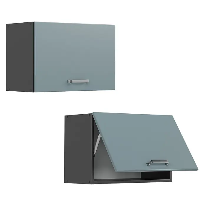Vicco Schrankküche R-Line Blau-Grau Flach - Blau-Grau, Hängeschrank 60 cm (flach) - Zwei Küchenwandschränke: dunkelgrauer Korpus, hellblau-graue Tür, silberner Griff. Einer geschlossen, einer offen.