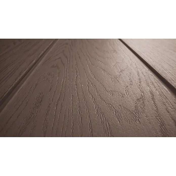Keter Caseta de jardín Stronghold 8x8 - Medidas ext. (An x Pr): 244 x 248 cm, Plástico, Marrón/Negro, 6 m² - Vista angular de tablas de suelo de madera marrón oscuro con una textura de grano distintiva.