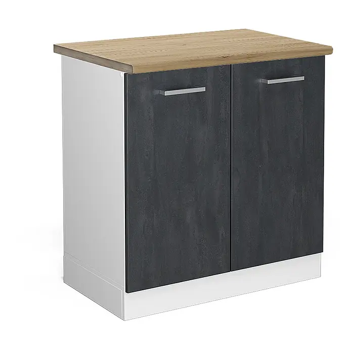 Vicco Schrankküche R-Line Schwarz Beton AP Eiche - Schwarz Beton, Spülenunterschrank 80 cm - Kleiner Schrank mit heller Holzoptikplatte, zwei dunkelgrauen Türen mit silbernen Griffen und weißen Seiten.