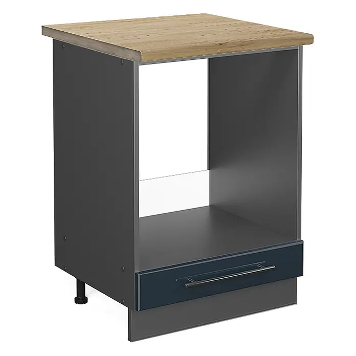 Vicco Schrankküche Fame-Line Dunkelblau Hochglanz, AP Eiche - Dunkelblau Hochglanz, Herdumbauschrank 60 cm, AP Eiche - Dunkelgrauer Küchenunterschrank mit heller Holzplatte, offenem Fach und dunkelblauer Schublade mit silbernem Griff.