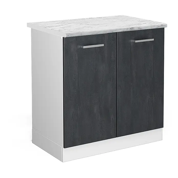 Vicco Schrankküche R-Line Schwarz Beton AP Marmor - Schwarz Beton, Spülenunterschrank 80 cm - Schrank mit weißer Marmoroptik-Platte, dunkelgrauen strukturierten Türen und silbernen Griffen für vielseitige Aufbewahrung.
